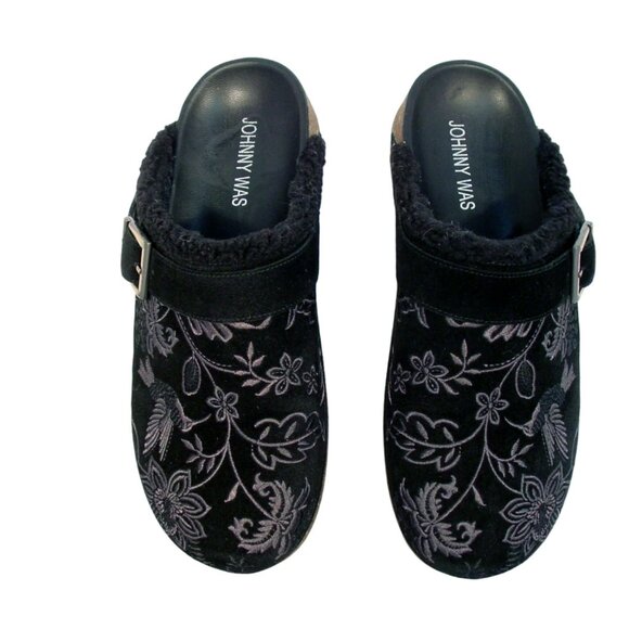 JOHNNY WAS Bluma $268 Black Sherpa Suede Embroidered Clogs Mules 8 - NWOB - Picture 7 of 8